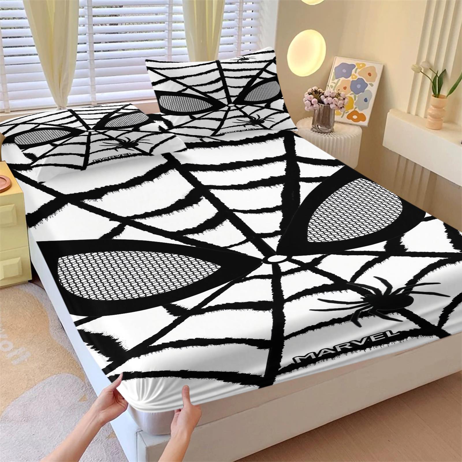 Spider web pattern printed bed sheet, Decorative Bedsheet Sets, warm and comfortable bedding, anti slip dust cover suitable for children's bedroom decoration, including 1 bed sheet and 2 pillowcases