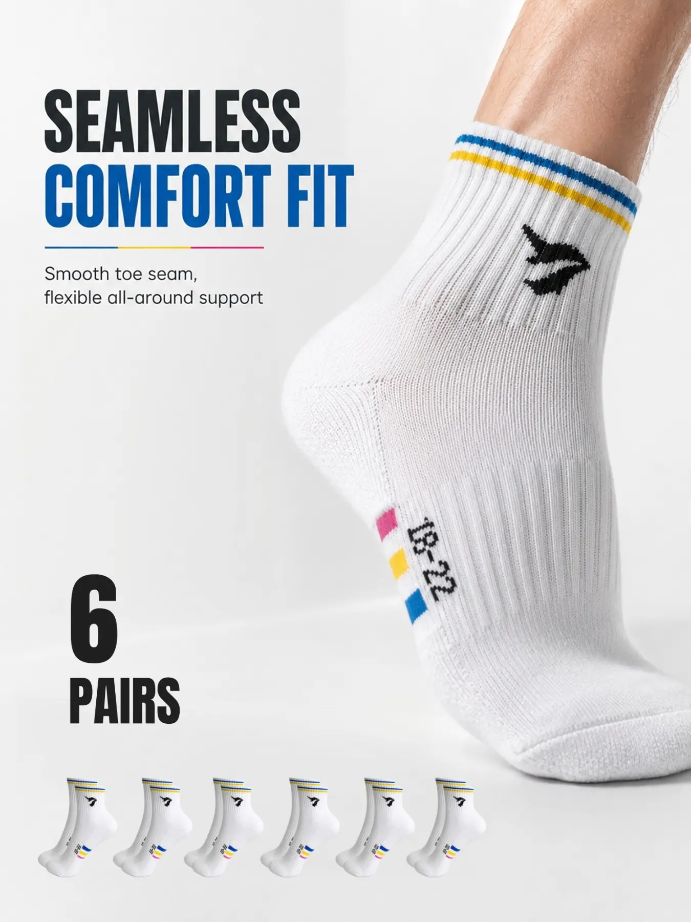 6 Pairs Men's Sport Mid-Calf Socks, Seamless Toe Reinforced Heel, Daily Commute Running Fitness Shock Absorption Socks