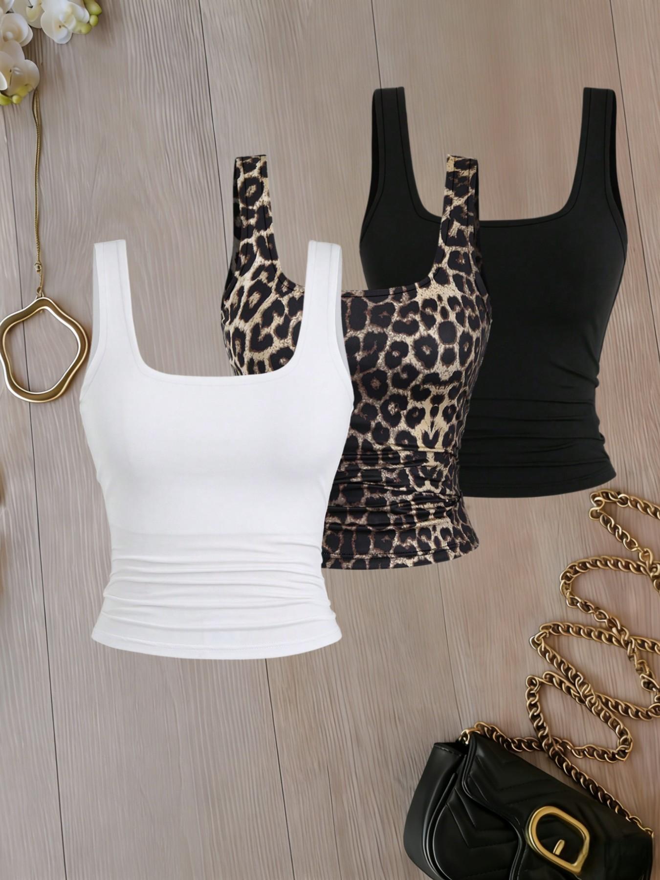 Basic Square Neck Vest Set, Leopard, Slim Fit Ruched Design, Casual, Essential Layering Piece for Daily Wear, Three-Piece