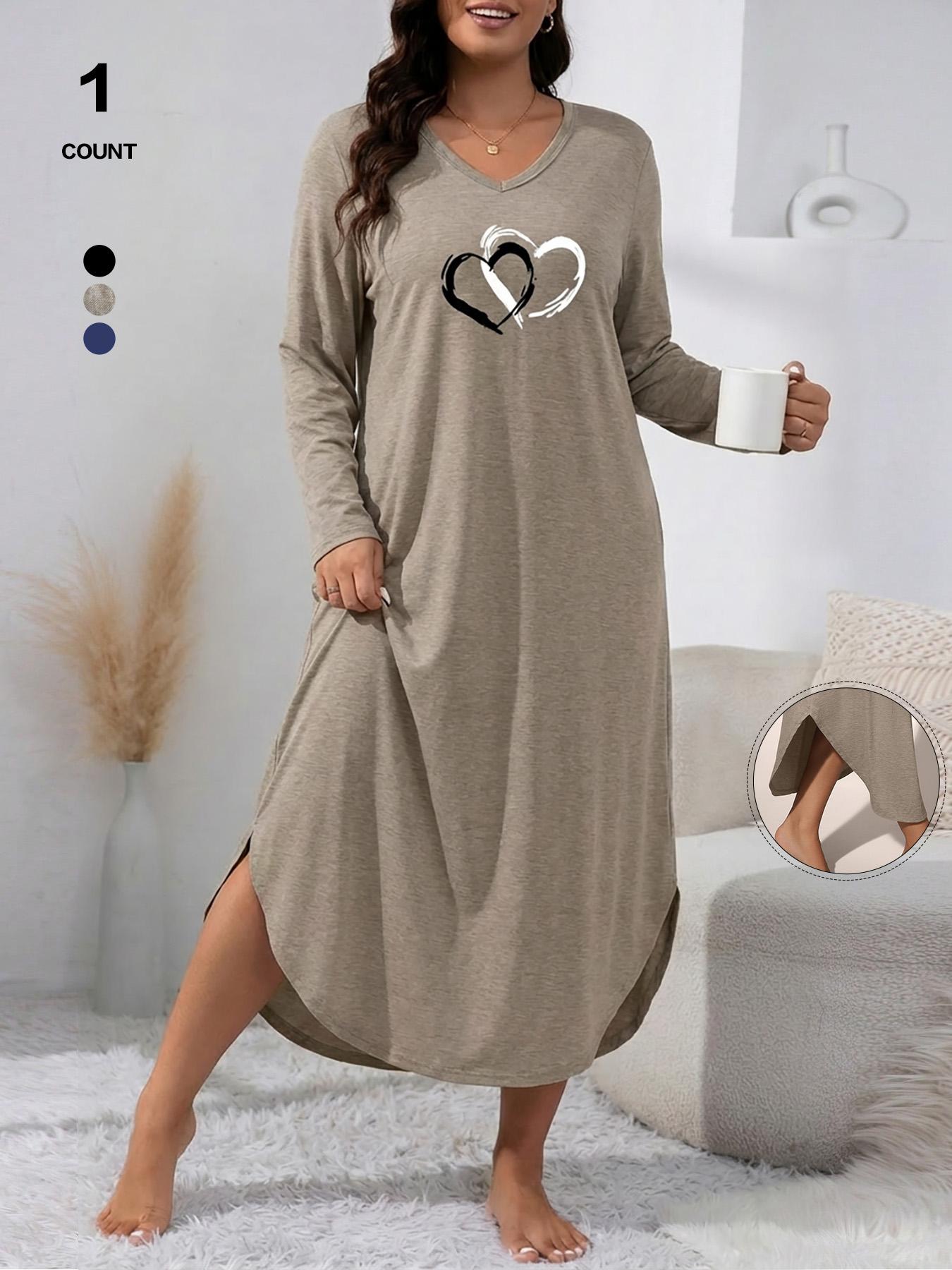 Women's V-Neck Long Sleeve Nightgown, Soft Casual Womenswear Loungewear Dress with Pockets, Heart Print Sleepwear, Loose-Fitting, All Seasons