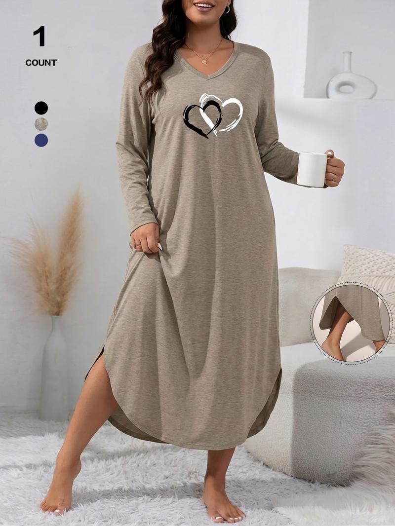 Women's V-Neck Long Sleeve Nightgown, Soft Casual Loungewear Dress with Pockets, Heart Print Sleepwear, Loose-Fitting, All Seasons