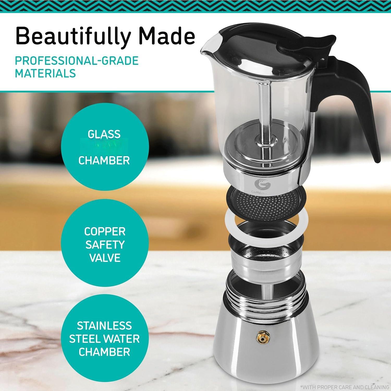 4 Cup Moka Pot, 6.7oz Stovetop Espresso Maker | for Italian , Transparent Glass & Stainless Steel Design, , 200ml