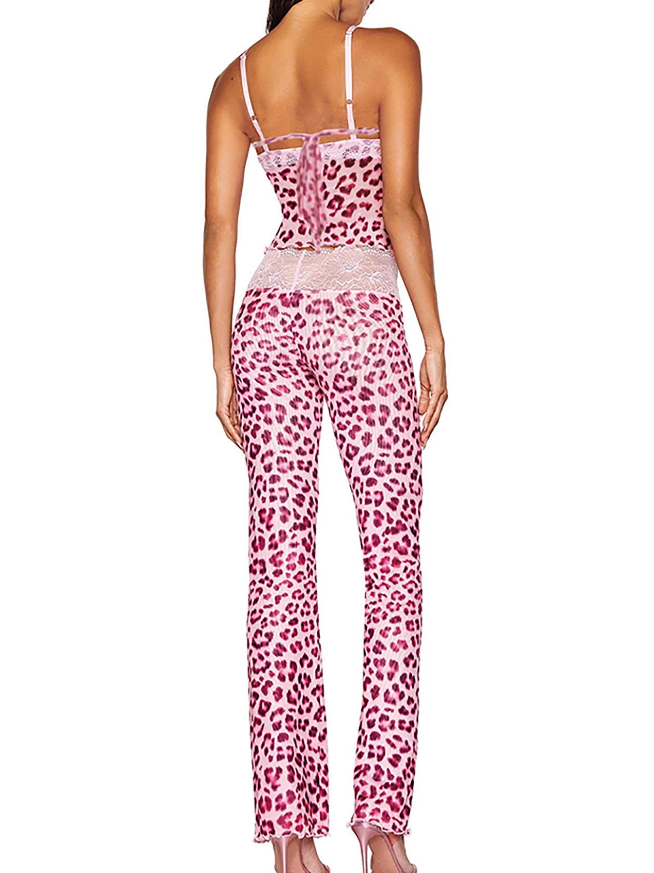 Women's Leopard Print Patchwork Lace Sexy Two-piece Set, Fashion Comfy Cami Top & Flare Leg Pants Set for Daily Outdoor Wear, Women Clothing for Summer