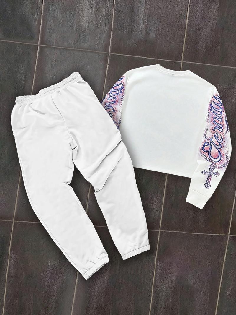 Men's Angel Print Warm Hoodie and Drawstring Waist Sweatpants Set, Casual Fitted Two-Piece, Spring & Fall Fashion