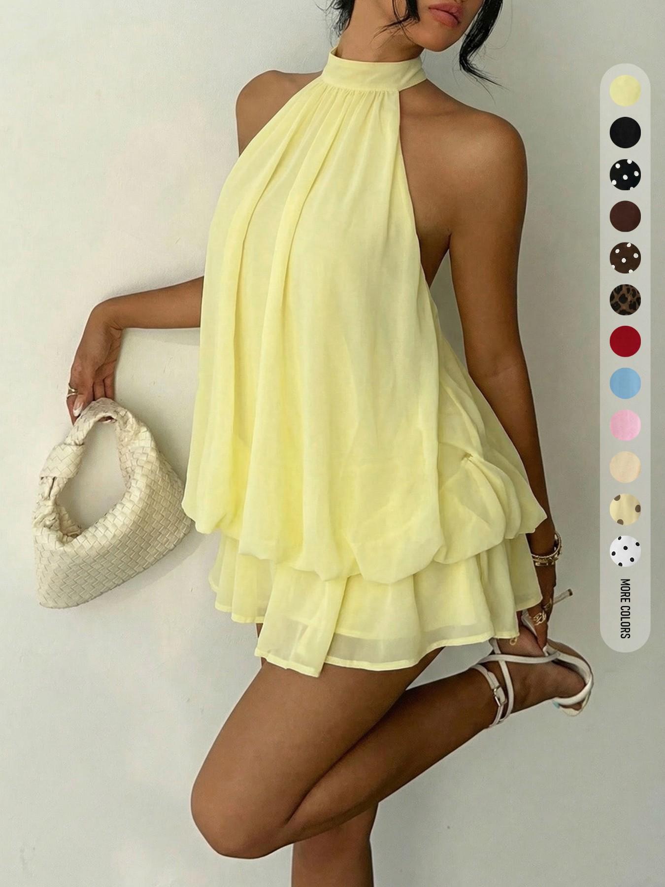 Women's Summer Fashion Party Halter Neck Tie Back Mini Dress, Slim-Fitting Casual Elegant Short Sleeveless Dress for Home Outdoor City Style