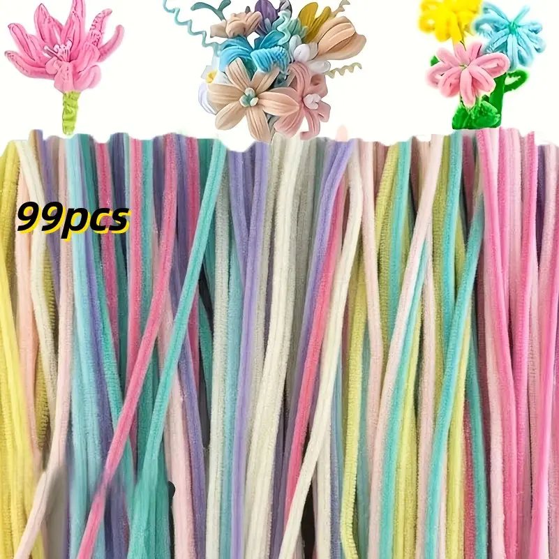 99pcs Pastel Pipe Cleaners, Macaron Candy Colors, Art Craft Project Chalk Sticks, Flower DIY Decor, Easy Bend Shape, Valentine Gift, Wedding Bouquet