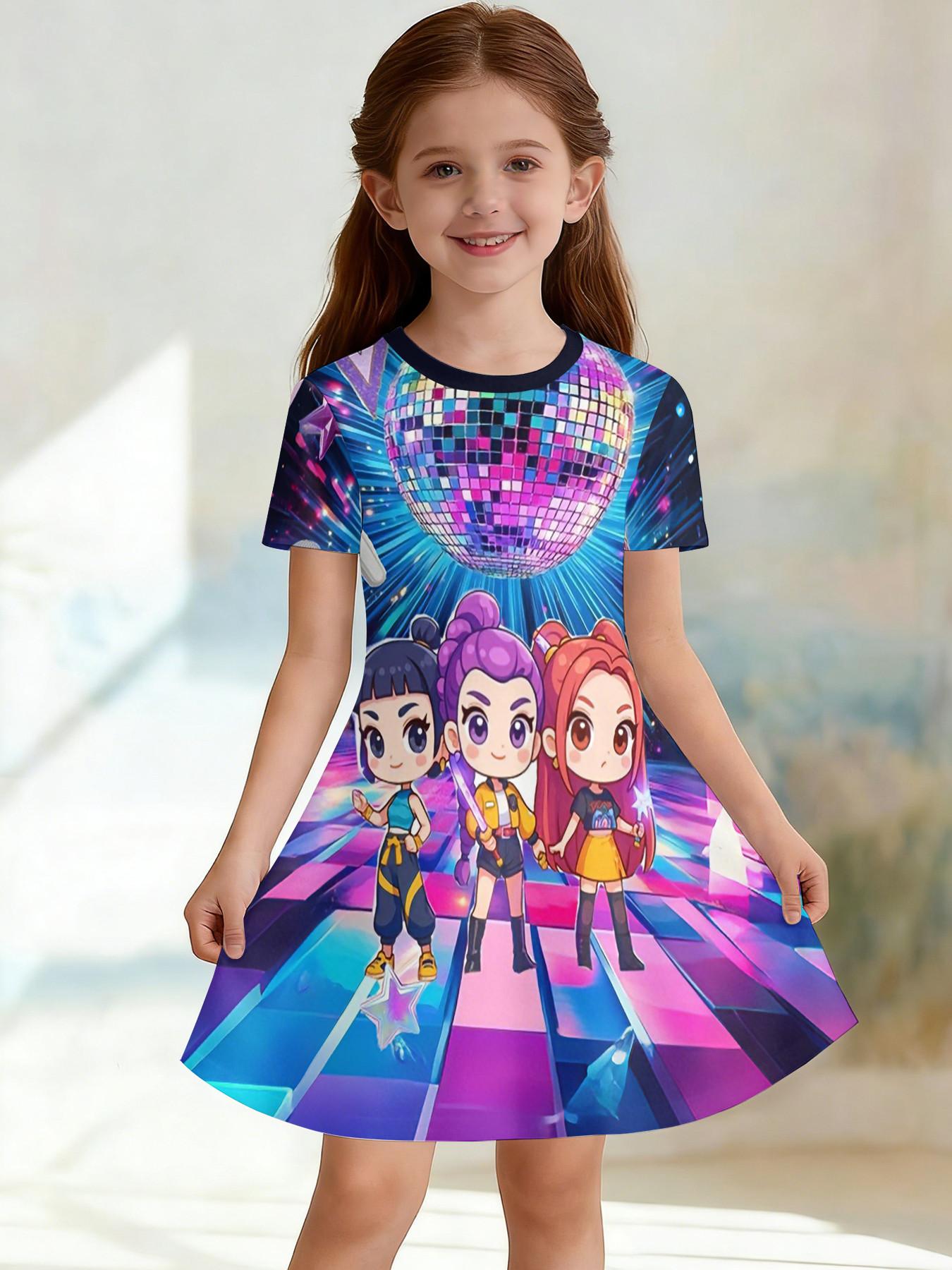 Girls' 3D Short Sleeve Dress, Disco Stage Q Idol Full Print Summer Dress, Perfect for Parties, Festivals, Gifts, Birthday Presents