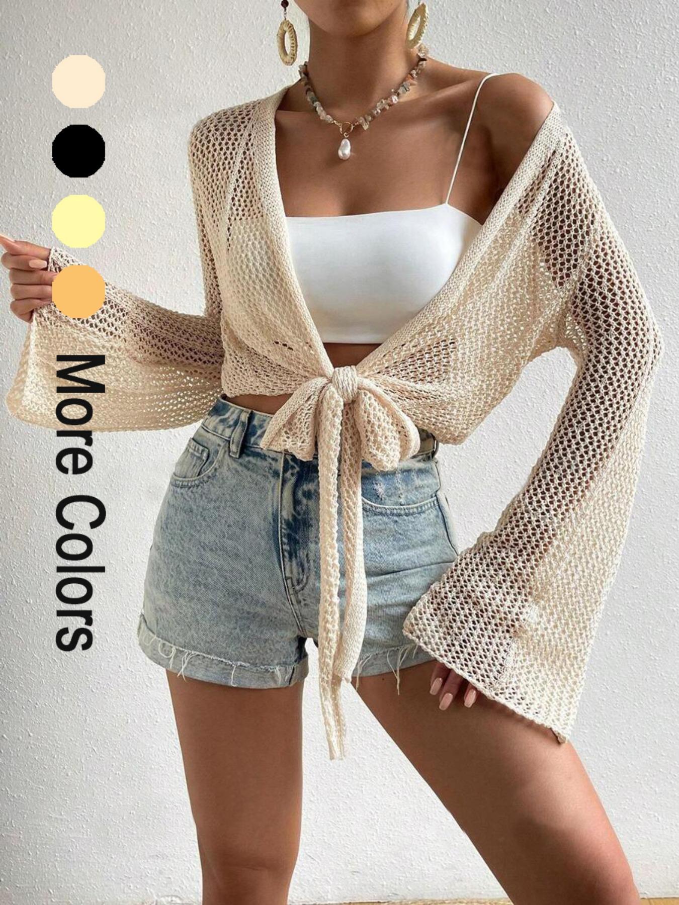 Women's Plain Knot Front Cardigan, Casual Long Sleeve Cover Up for Summer, Fashion Women's Knitwear for Beach Holiday Vacation