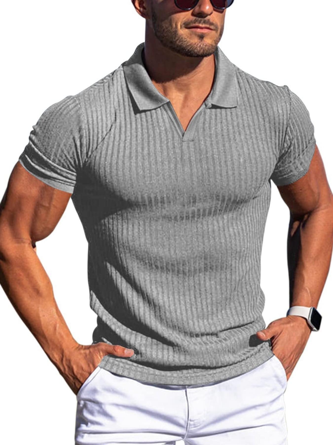 Men's Ribbed Knit V-Neck Polo Shirt, Casual Short Sleeve Top, Ideal for Golf, Office, Daily Wear, Comfortable and Stylish