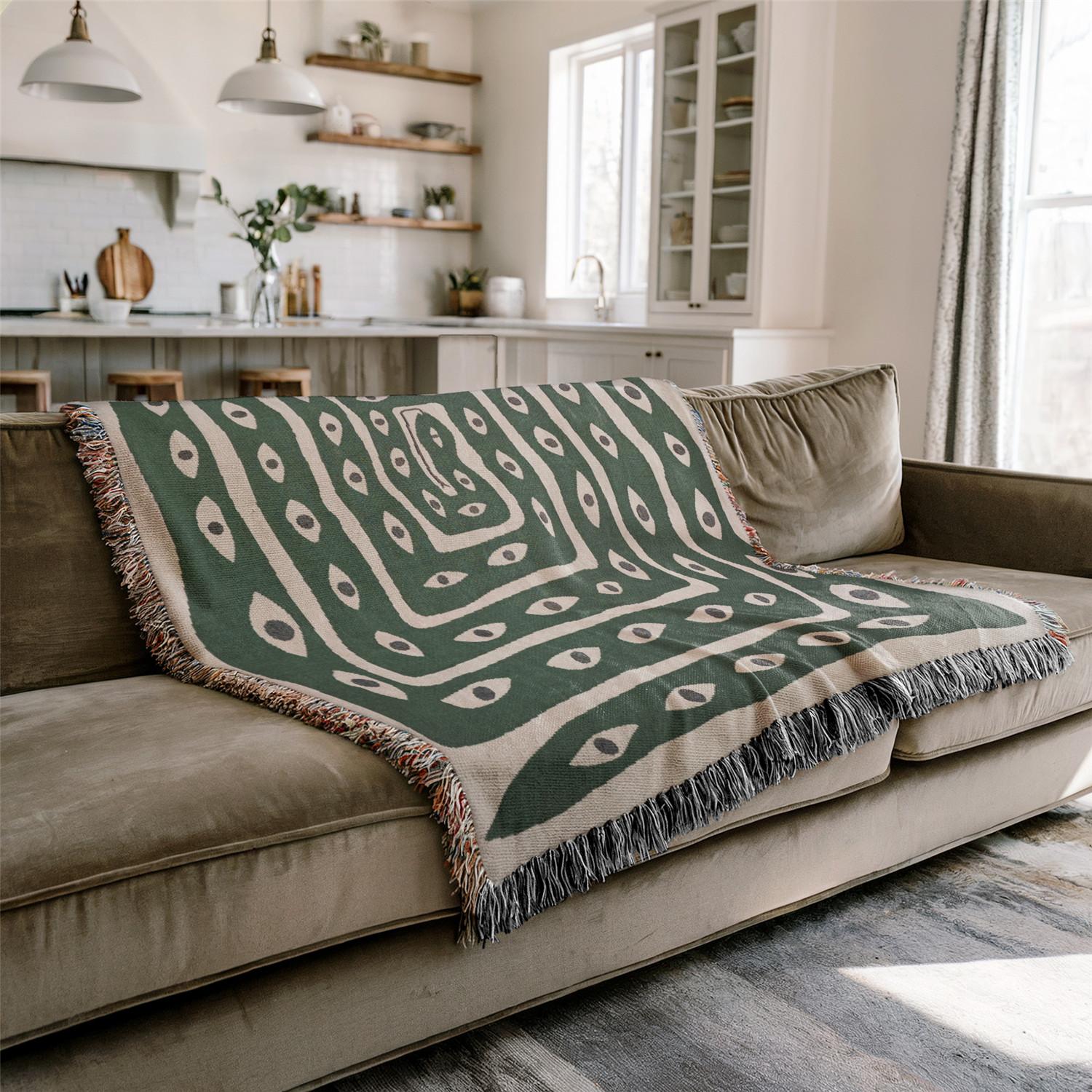 Multi-Function Tassel Woven Blanket -Green Snake Pattern Bed Blanket, Also for Sofa Cover Couch Throw Blanket Armchair Home Decor Room Wall Art Tapestry Furniture Slipcover Tablecloth Shawl Outdoor Picnic Camping Beach Towel Office Nap Hippie