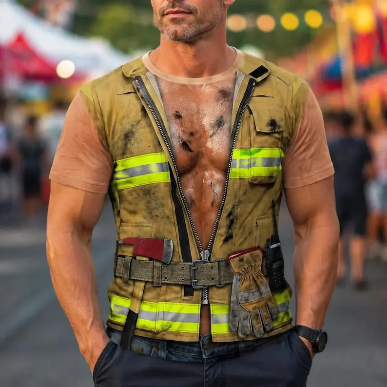 3D Muscle T Shirt Funny Construction Safety Vest Shirt, Fake Chest Shirt Abs Chest T-shirt, Halloween Costume Funny Handyman Gift