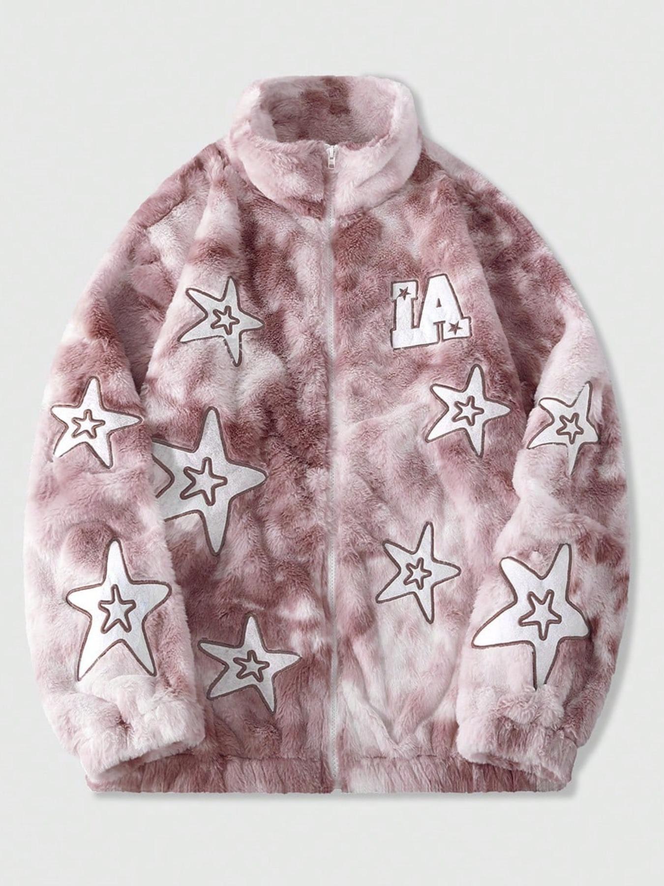 Men’s and women’s versions. Streetwear style: LA letters and pink tie-dye star-shaped appliqué fleece jacket for winter warmth and protection. Suitable for streetwear, trendy outfits, cold weather protection, men’s gifts, campus-inspired styles, casual we