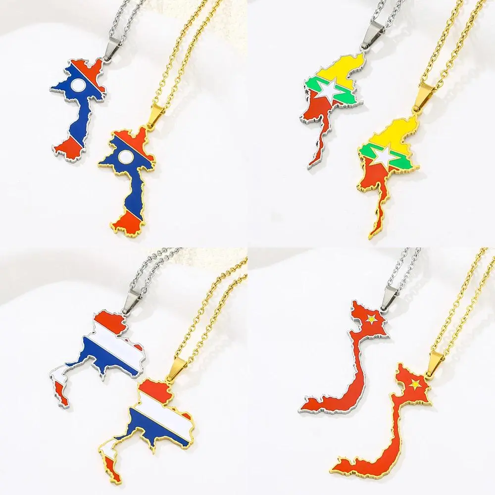 Stainless Steel Thailand Vietnam Laos Myanmar Map Flag Pendant Necklace for Men Couples Ethnic Patriotic Jewelry Gift