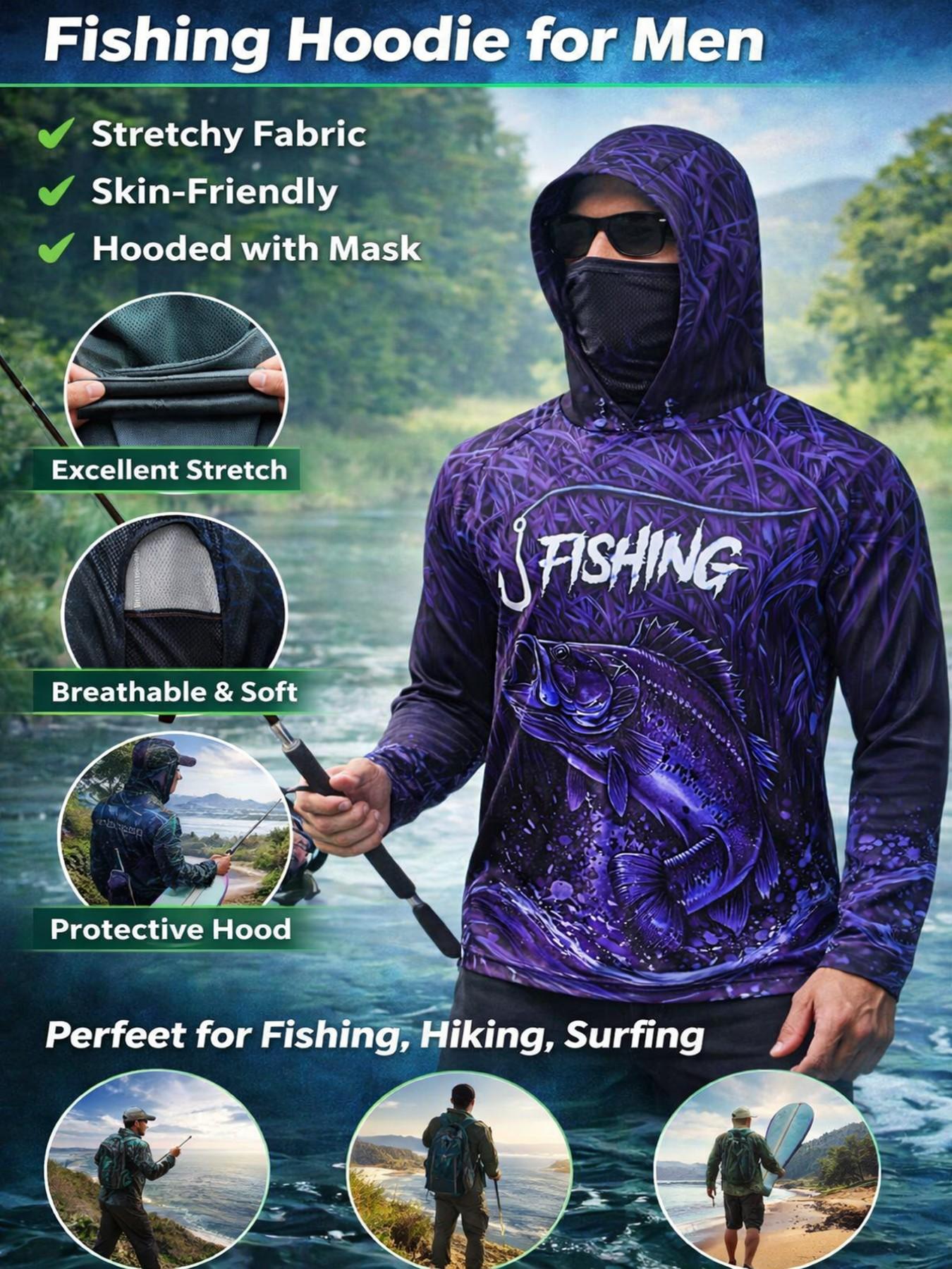 Men's Long Sleeve Hooded Fishing Shirt with Face Mask, Gradient Color Outdoor Fishing Clothing, Sun Protection Fisherman, Breathable Tops Men's Long Sleeve Hooded Fishing Shirt with Face Mask, Gradient Color Outdoor Fishing Clothing, Sun Protection Fisherman, Breathable Tops