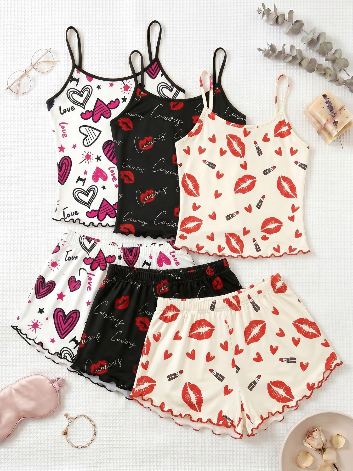 Cherry Print Halter Short Pajamas Set, Trim Ruffle Design, Sweet Cool Girl Style, Breathable Home Sleepwear, 3-Piece Combo