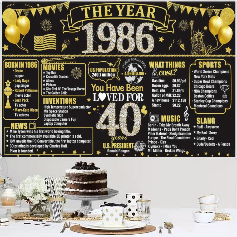 Retro Black Gold 40th Birthday Party Background Cloth, Black Gold 40th Birthday Banner, Retro 1986 Background Poster Photography Background, Polyester Material, Suitable for Photo Booth, Party, Birthday, Celebration, and Indoor/Outdoor Family Birthday