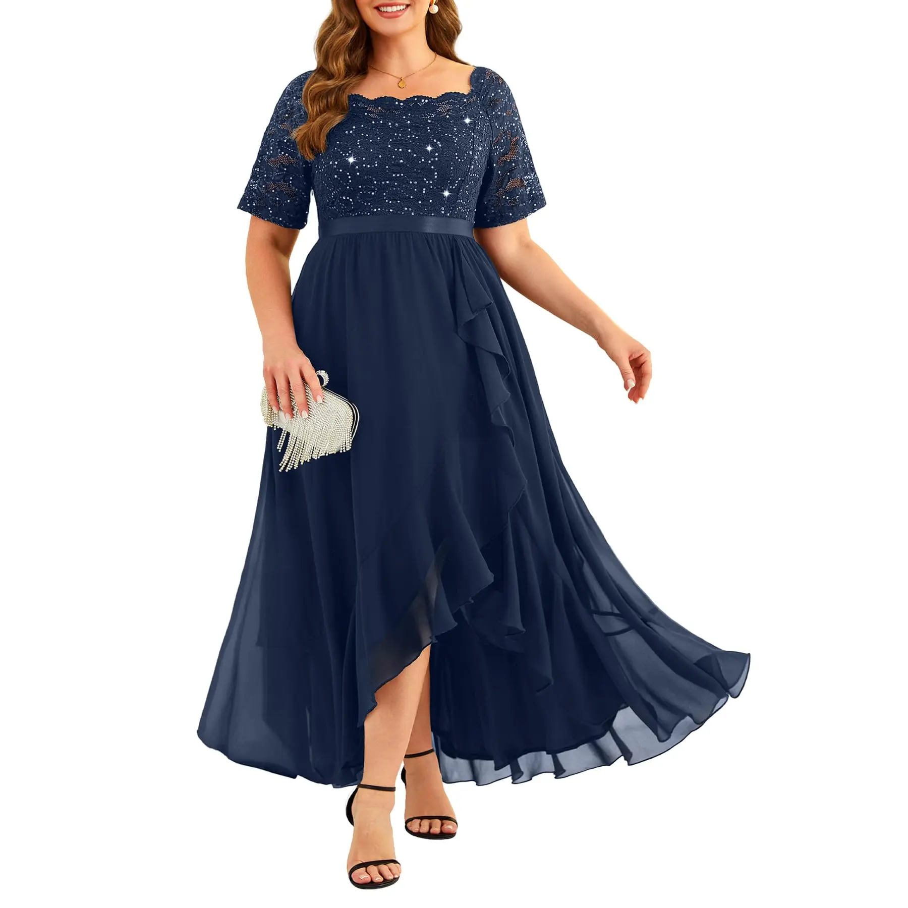 Plus Size Formal Dresses - Wedding Guest Evening High Low Ruffle Cocktail Sequin Lace Prom Long Dress