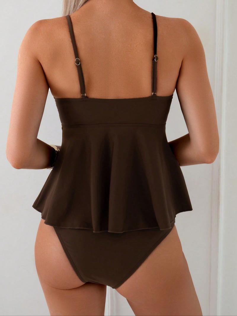 Metal Shell Beaded Adjustable Strap Tankini Set, Hollow Out Ruched Two-Piece Swimsuit, High Waist Sleeveless Short Swimwear for Women Metal Shell Beaded Adjustable Strap Tankini Set, Hollow Out Ruched Two-Piece Swimsuit, High Waist Sleeveless Short Swimwear for Women