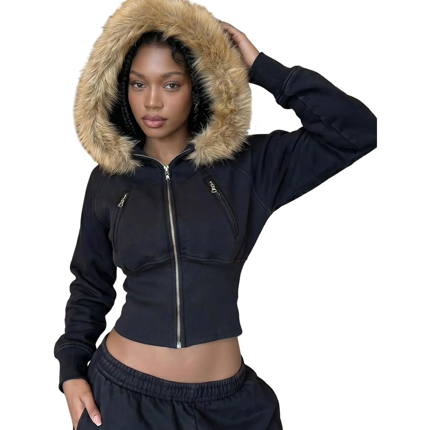 Arssm Cropped Zip Up Hoodie Women Faux Fur Y2K Vintage Jacket| Hooded Sweatshirts, Grunge Jacket, 2000s Streetwear, Long Sleeve