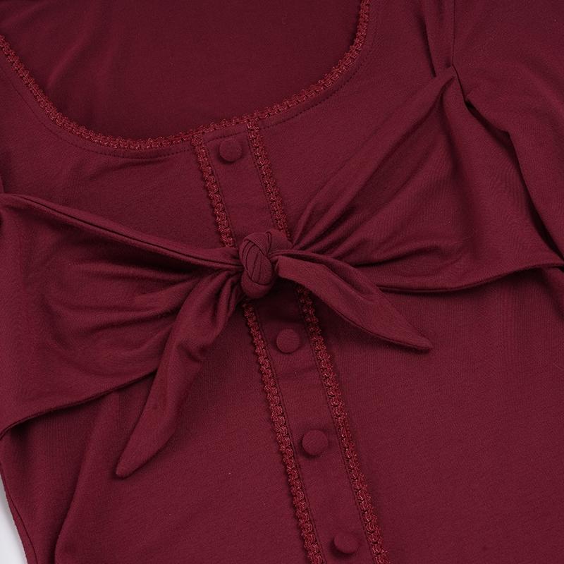 Elegant Flared Bell Sleeve Buttoned Slim Fit Women's T-Shirt, Bow Tie Ruffle Hem Street Style Top, Y2K Patchwork Long Sleeve Tee