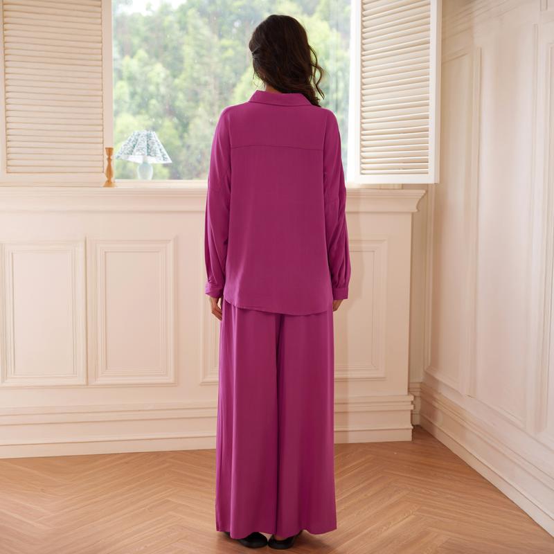 Joyfunear Women's Button Down Shirt & Wide Leg Pants Loungewear Set 2pcs Drop Shoulder summer women set long Pants