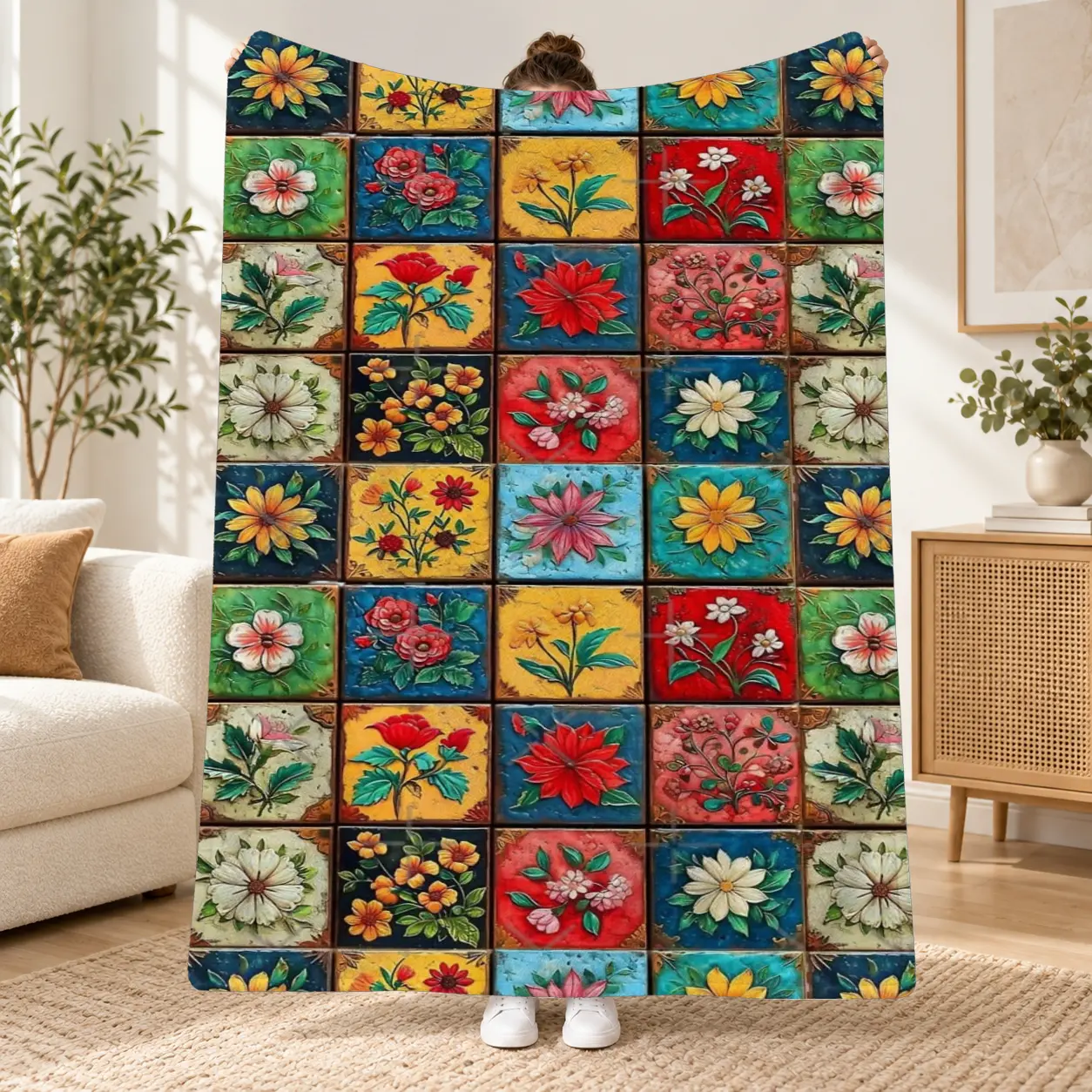 1Pcs 1 Vintage Floral Tile Print Throw Blanket, Bohemian Botanical Pattern Soft Cozy Blanket for Living Room Bedroom Sofa Couch, All Season Everyday Use Home Decor Blanket 2 Mexican Talavera Flower Tile Fleece Blanket, Boho Floral P