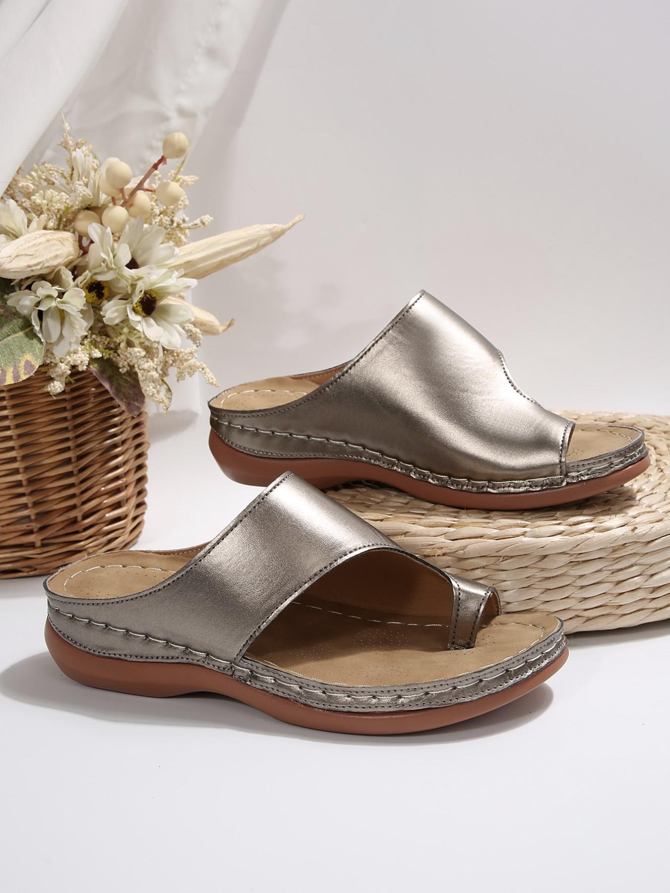 Summer Large Size Flat Toe Slip-On Sandals, Casual Breathable Lightweight Comfortable Soft Slippers for Women, PU Rubber Sole