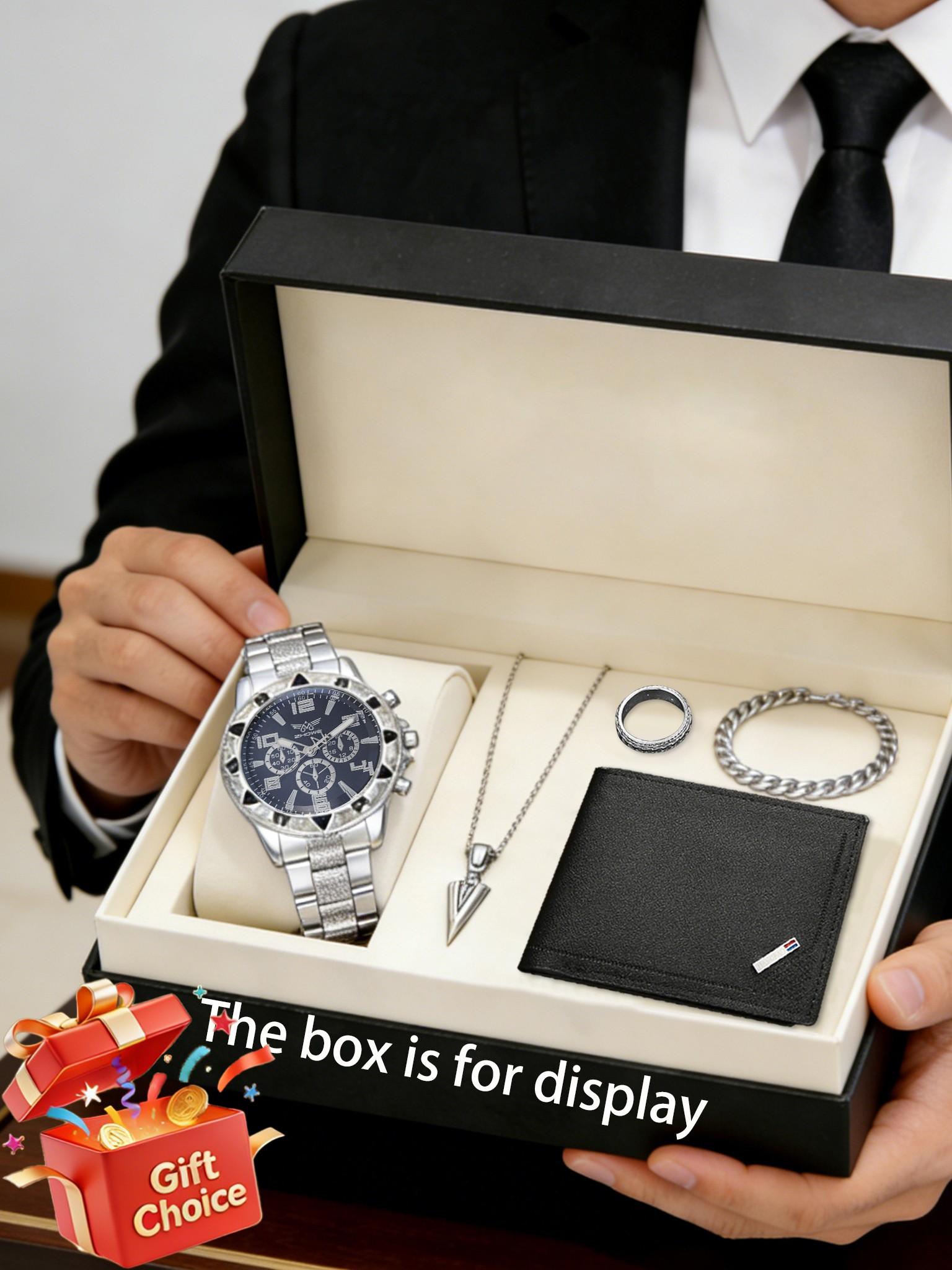 Father's Day Gift Set, Men's Bold Watch Kit, Includes Watch, Bracelet, Necklace, Ring, Wallet, Perfect Present for Him