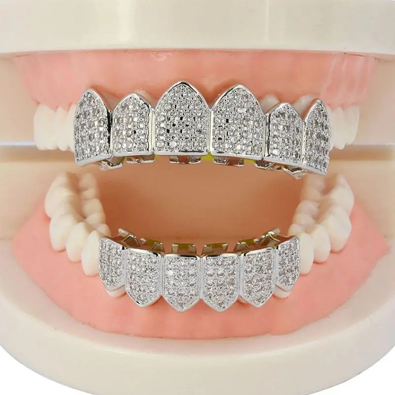 HipHop CZ Teeth Set For Unisex Top Bottom Mouth Gold Silver Color Teeth Tooth Cap Removable Dental Fashion Jewelry
