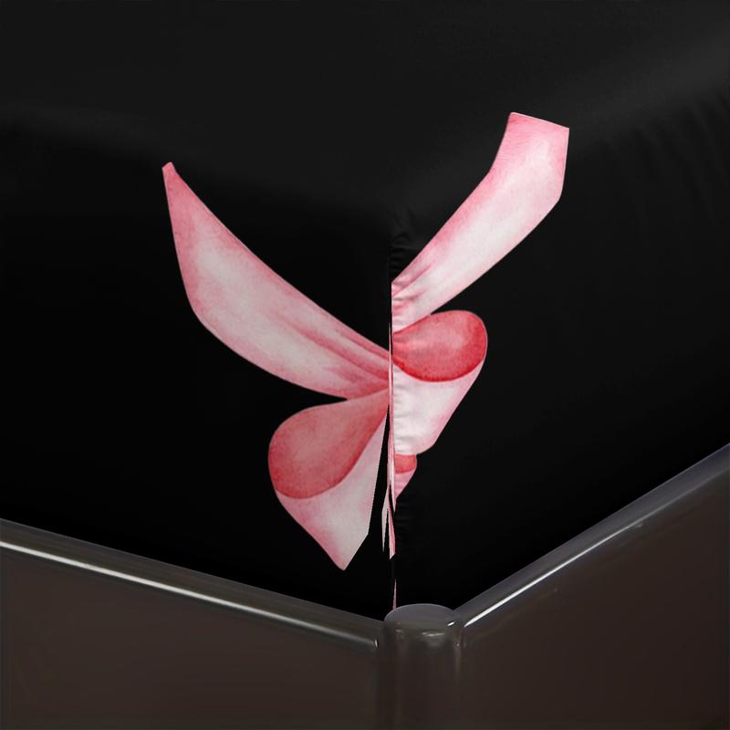 3-piece Bedding Set Features A Black Background With Pink Bow And Heart Prints, Including A Fitted Sheet And Two Unfilled Pillowcases. The Design Blends Two Elements, Creating A Romantic And Sweet Yet Cool Bedroom Décor, Gift Choice, Bed Sheet Sets