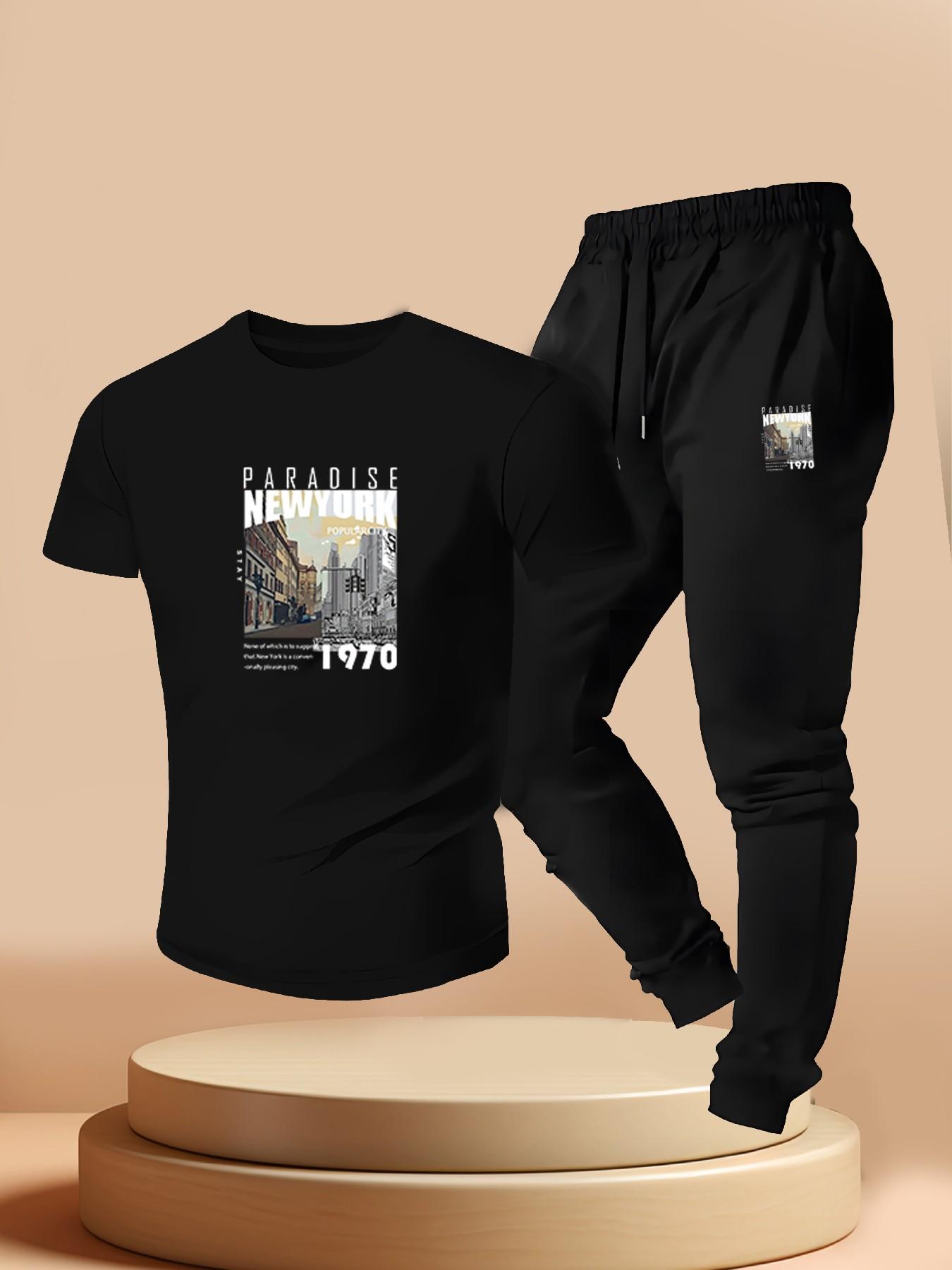 American Vintage New York 1970s Paradise City Print, Men's Short Sleeve Tee + Joggers Set, Summer Urban Style, Slim Fit, Regular Length