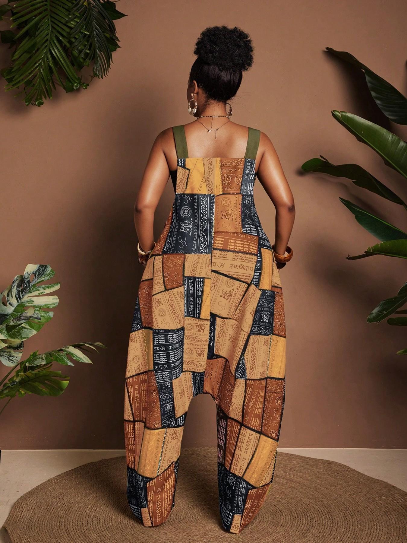 Women's Patchwork Print Jumpsuit, Boho Style Slim-Fitting Overall, Loose Wide Leg Casual Romper, All over Print Clothing, Bohemian