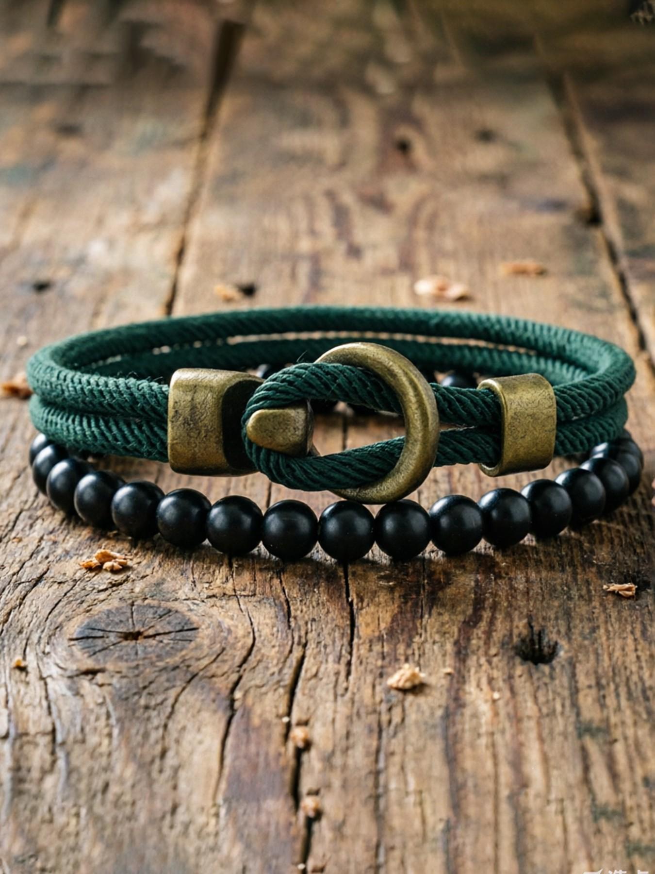 Men's Jewelry Set, Vintage Beaded Bracelet & Hand Rope, 2-Piece Men's Accessory Collection, Stylish Fashion Accessories