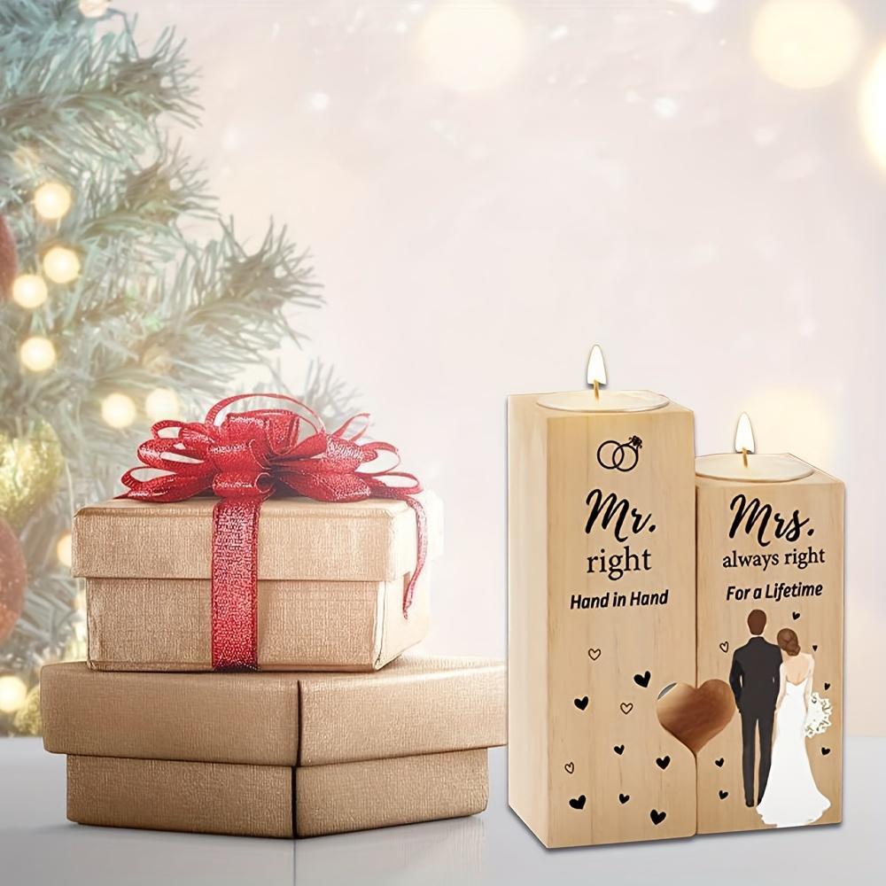 Pair of Wooden  Holders, Wedding Gift Set – Unlit  Holder with "Mr & Mrs" Design and Hand-in-Hand Heart Pattern, Ideal for Bridal Shower, Engagement or New Couple Gifts ( Not Included) unique collectible organizer candle rotary Style natural cake box