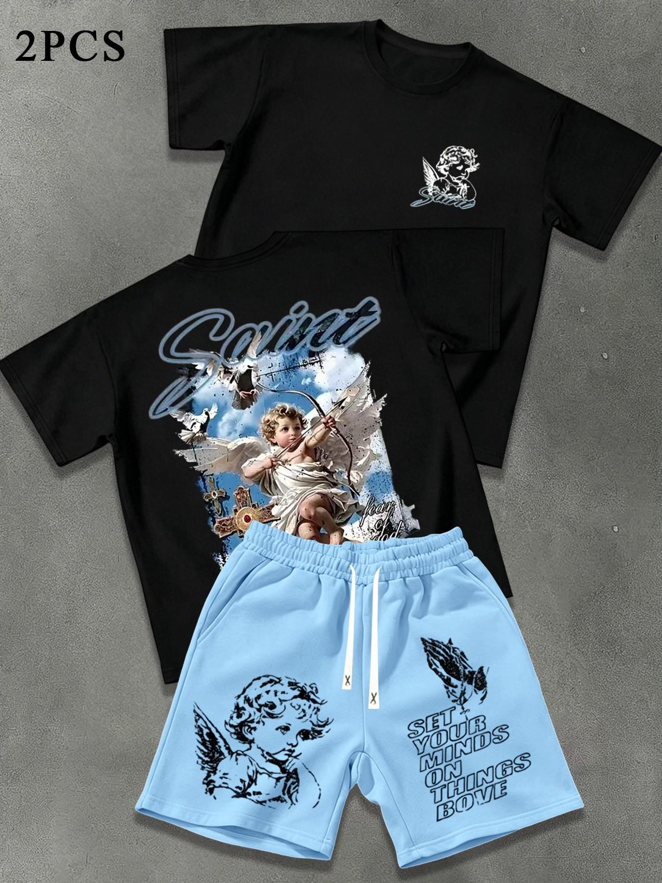 Men's Summer Angel Print 2-Piece Outfit Set, Matching Sets, Round Neck Casual Short Sleeve Top and Loose Drawstring Shorts, Ideal for Outdoor Activities and Streetwear Clothes