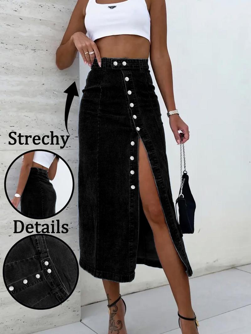 Elastic Washed Casual Button Fly Denim Midi Skirt for Women, All Seasons Wearable, Perfect for Dating and Daily