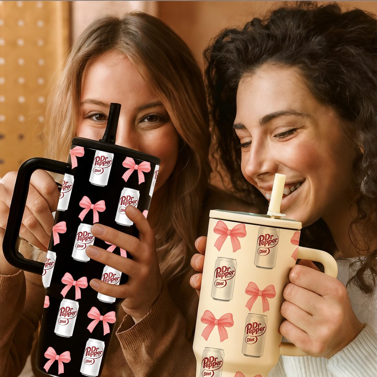 Siphalo 40oz Vacuum Cup with Handle & Straw, Double-Wall Stainless Steel Insulated Tumbler, Tumbler with Lid, Leak-Proof Thermal Mug That Keeps Drinks Hot for 12 Hours & Cold for 24 Hours, Cherry Soda Heart Pattern, Valentine's Day & Birthday Gift