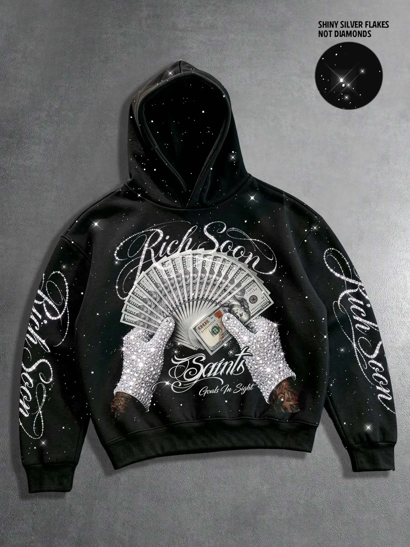 Men's Y2K street style fleece pullover hoodie with shiny fragment details, unisex. RICH SOON pullover hoodie printed with the pattern of hands holding US dollars, Graphic Hoodies, loose warm hooded top from streetwear brand