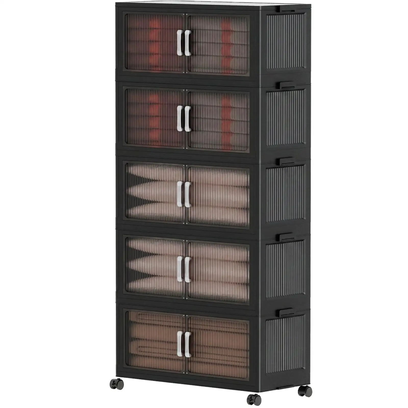 5-Tiers Stackable Clear Visible Storage Organizer No Assembly Required Mobile Rolling Wheels Multifunctional Home Cabinet for Toys Snacks Books Clothes Sundries Storage Space Saving