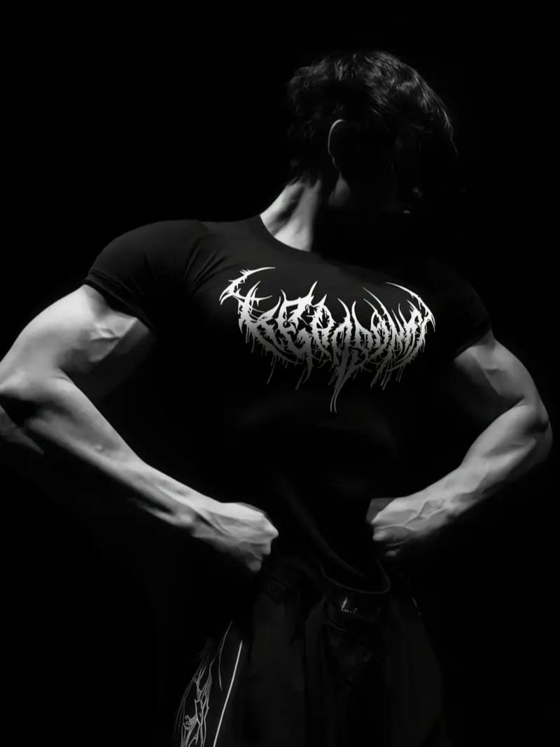 2pcs Men's Gothic Gym T-Shirts - Wing Print, Anti-Slip Seams for Intense Training, Stretch Fabric, Slim Fit, Black & White, Polyester Blend Workout Tops for Fitness, Bodybuilding & Streetwear