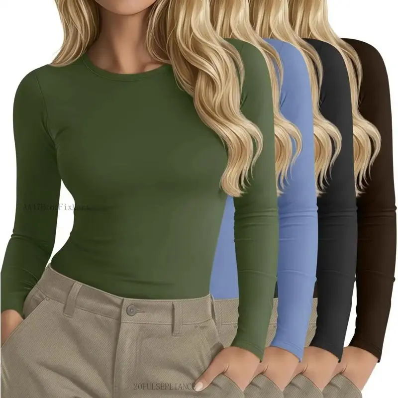 Women's 4-Pack Longsleeves Underscrub Undershirts, Crew Neck, Slim Fit Stretchy Casual Tops - AA47HomeFixMart20PULSEPLIANCE