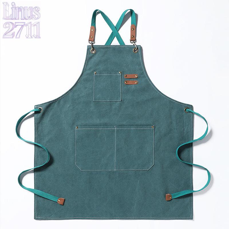 Cotton Canvas Cross Back Work Apron Leather Adjustable Strap Multi Pocket Oil Resistant Kitchen Coffee Shop Gardening Artist Unisex Custom Logo Blank Apron