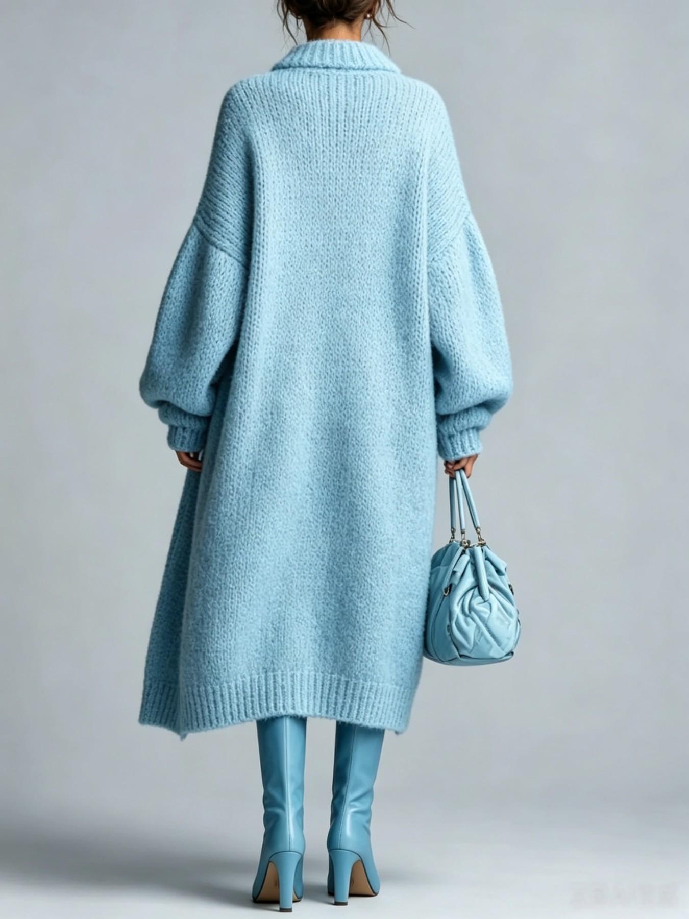 Women's Solid Color Casual Long Knit Cardigan, Button Stand Collar Long Sleeve Fall & Winter Loose Oversize Sweater Coat, Comfortable Outerwear