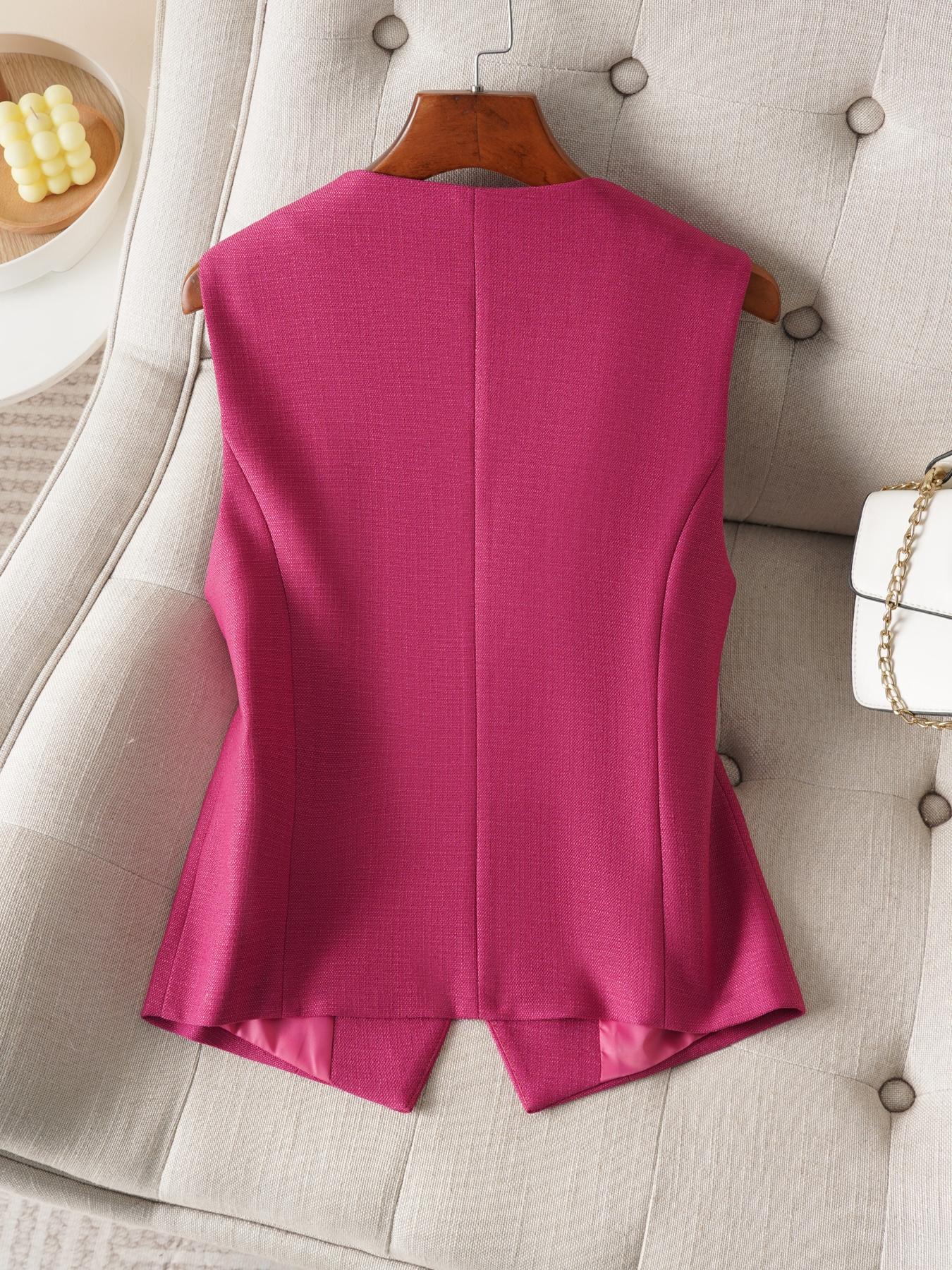 Women's Solid Button Front Fake Pocket Vest Blazer, Elegant V Neck Sleeveless Outerwear for Work Office Business, Ladies Spring & Fall Clothes Womenswear