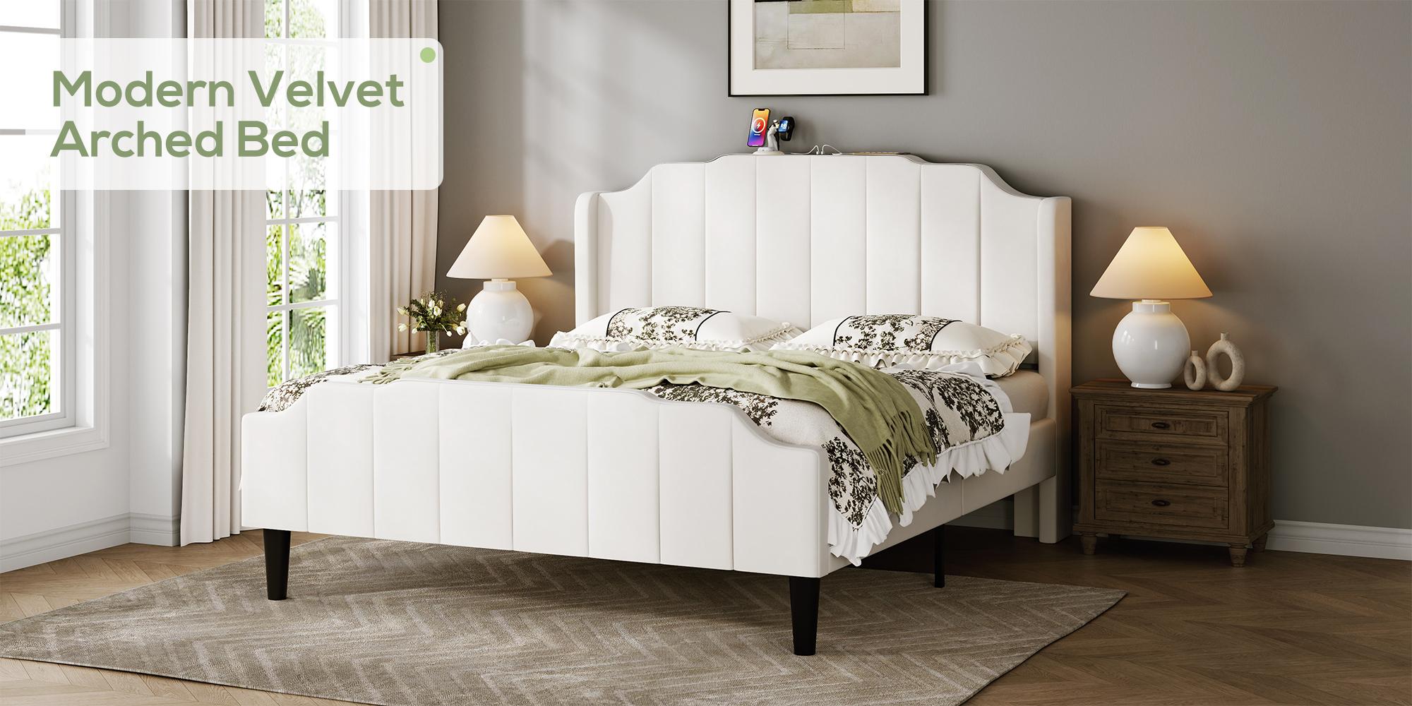 MUTICOR Upholstered Bed Frame with Power Outlets,Full/King/Queen Bed Frame, Velvet Classic Headboard & Footboard, No Box Spring Needed,Solid Wood Slats#TikTokShopBlackFriday #ChristmasGifts