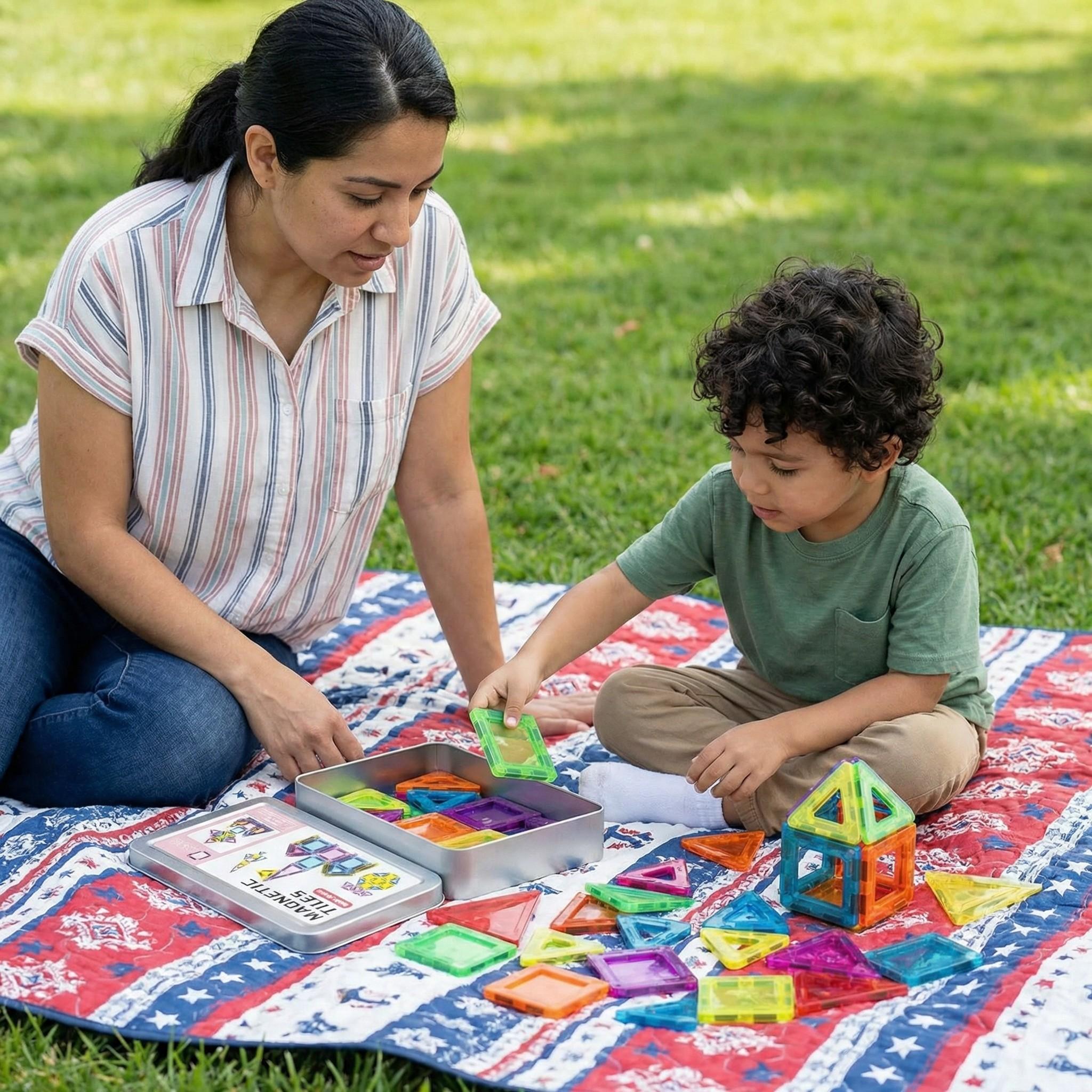 2027 Mini Magnetic Building Blocks, 42 Pieces - Montessori Education Magnetic Travel Building Set, with Iron Storage Box, Airplane-Shaped Toy, Suitable as a Birthday Gift for Boys and Girls, and an Essential for Outdoor Camping Trips