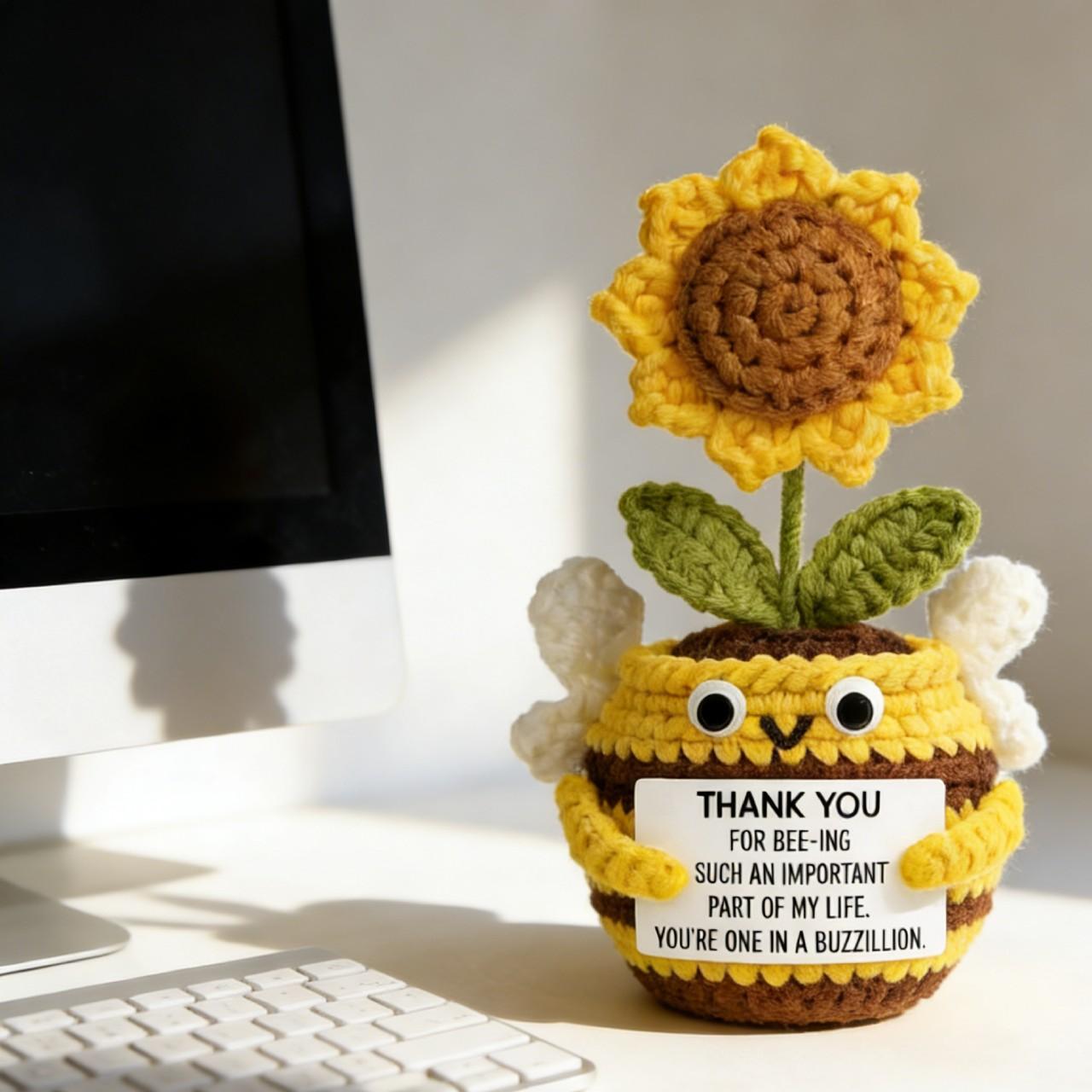 Handmade Crochet Bee Sunflower Planter - Positive Energy Emotion Support Decor - Cute Floral Tabletop Decoration - Perfect Gift for Her, Girls, Moms, Daughters, Teachers, Graduation Gift, Teacher's Day Gift, Mother's Day Gift - Spring Summer Decorative