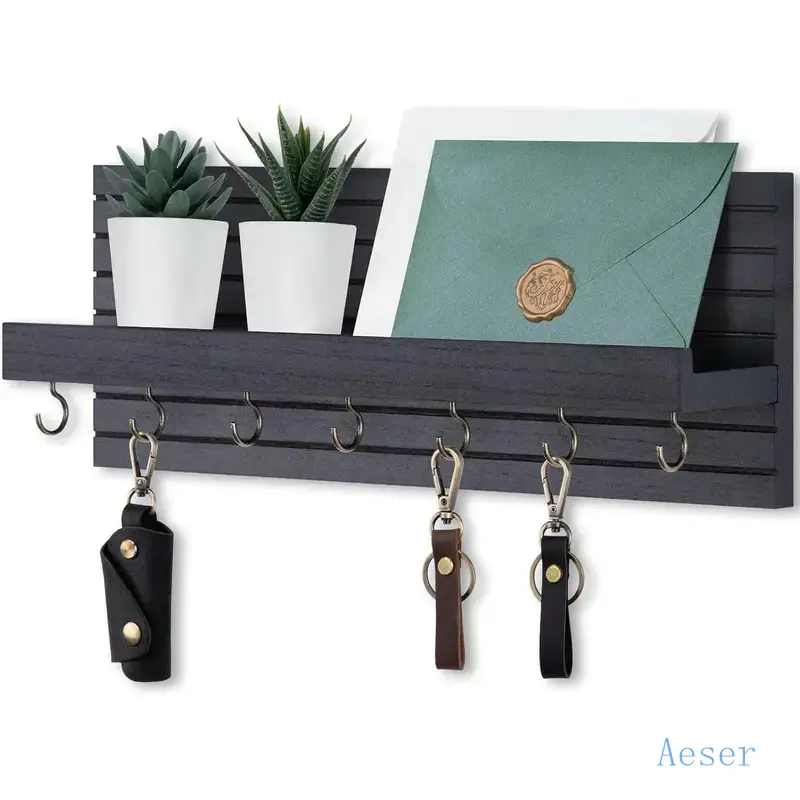 Decorative Key Holder for Wall with Shelf, Entryway Shelf with Hooks Holds Leashes, Jackets and Glasses – Sturdy Wood Keyholder Entrance Hanger with Mounting Hardware (Black, Large)-L-L