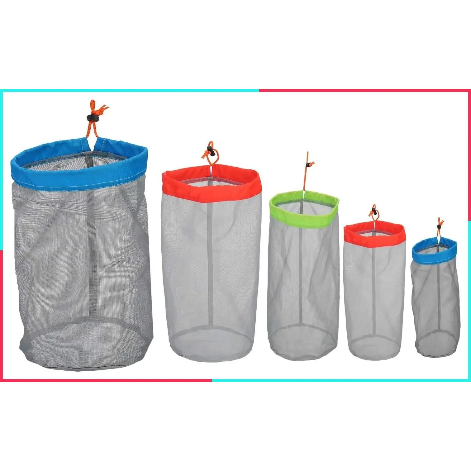 Ultralight Mesh Drawstring Stuff Sacks, Small to XX-Large Set of 5, Storage Ditty Bags for Backpacking, Travel, Camping, Hiking
