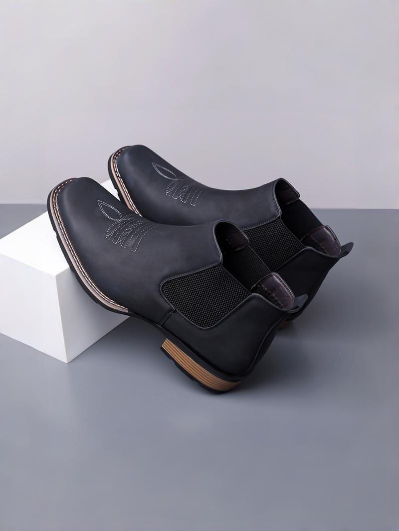 Men Low Heeled Bare Boots With PU Embroidery Pattern Square Toe Classic  Comfortable Men Western Cowboy Boots